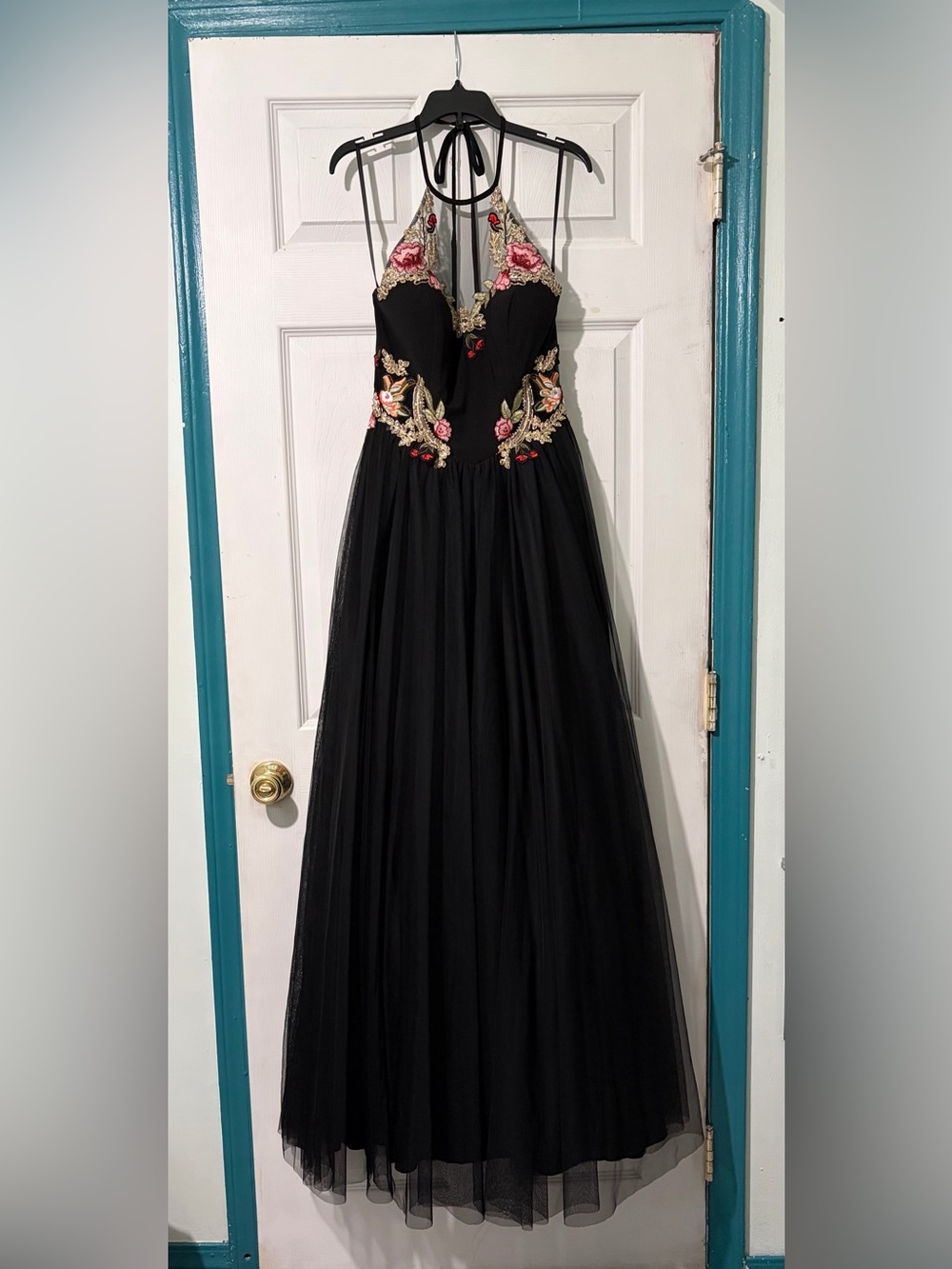 Blondie Nites Black Maxi Gown with Pink & Gold Floral Embroidery